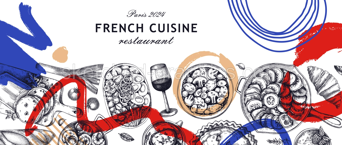 French food background in collage style. Traditional food from France sketches. European cuisine restaurant menu design template. Hand-drawn vector illustration, NOT AI generated Illustration